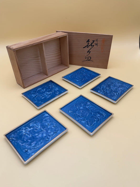 Set of 5 Vintage Sea Blue Plates by Fumiyama